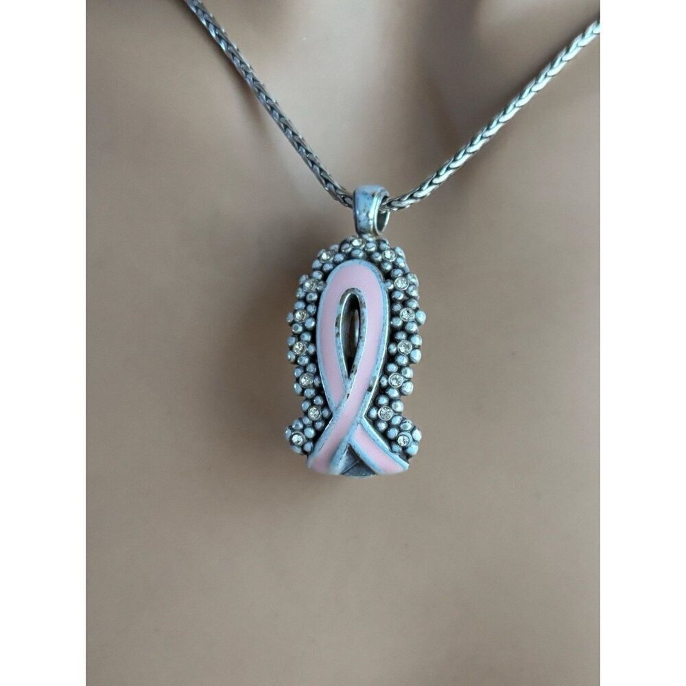 Brighton Pink Ribbon Lanyard Necklace 36" Silver Crystal Pendant Badge Holder